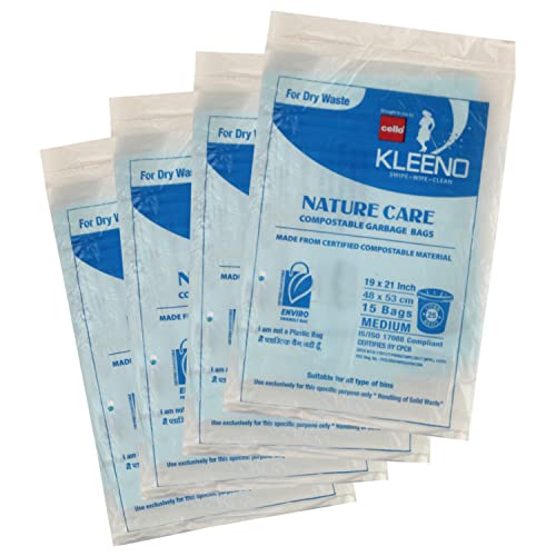 Kleeno by Cello Nature Care Compostable Dry Garbage Bag Pouch Medium(25L), Set of 4(15 bags each)