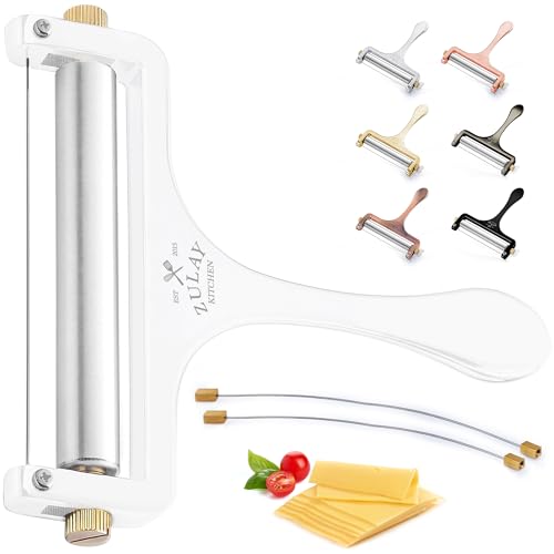 Image of Zulay Kitchen Stainless Steel Wire Cheese Slicer - Adjustable Hand Held Cheese Cutter with 2 Extra Wires - Premium Cheese Shaver For Mozzarella, Cheddar, Gruyere - Cheese Cutter with Wire (White)