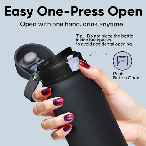 Image of ENCOOL Insulated Water Bottle with Straw Stainless Steel Water Bottle with Push Button Lid, Leak-Proof & BPA-Free, Keeps Cold for 24 Hours for Sports, Travel, Gym (32 oz, Tuna Grey-Silver)