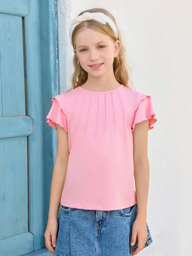Image of Haloumoning Girls Pleated Ruffle Short Sleeve Shirts Kids Summer Crewneck T-Shirts Fashion Tops Tees 5-14 Years