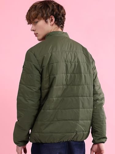Image of The Indian Garage Co Men Olive Regular Fit Solid Quilted Puffer Jacket (Olive L)