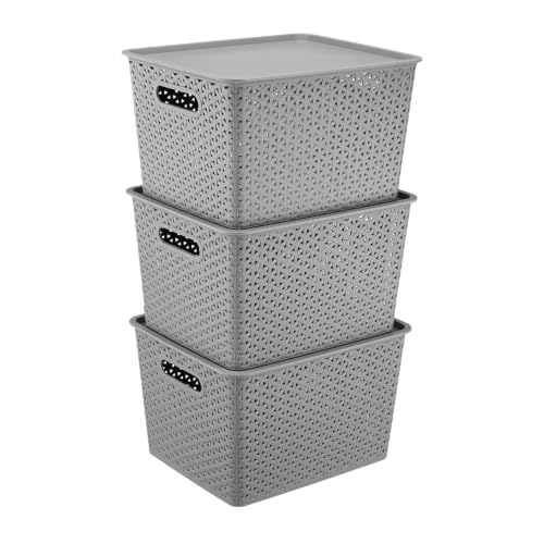 Image of Amazon Basics Set of 3 Plastic Storage Baskets with Lid - Stackable Organiser for Wardrobe, Kitchen, Clothes, Toys, Books, Office Multipurpose Shelf Basket (Large, 36x30x22 cm) | Grey, Rectangular