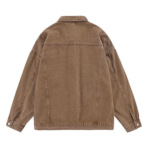 DGKaxiyaHM Men's Distressed Vintage Windproof Denim Jacket Hooded Button Down Jean Coat Outdoor Outerwear With Pockets (Medium,Brown)2