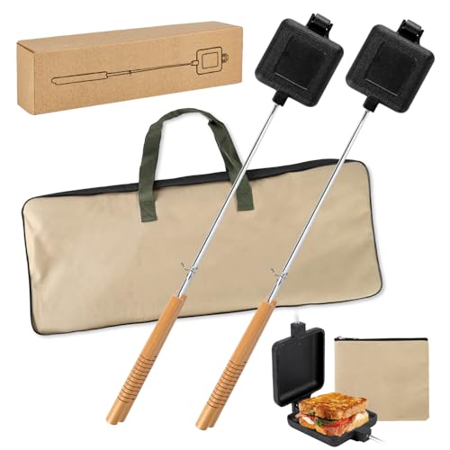 Outdoor pie irons for camping - with heat-resistant, detachable handles, includes a storage bag, easy to clean, perfect for grilling sandwiches and pies over a campfire (2-pack)