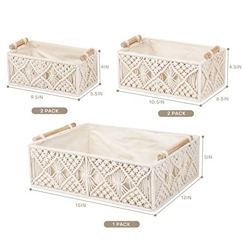 Anminy 5Pcs Macrame Storage Baskets Set Handmade Woven Cotton Rope Storage Bins Decor Boho Nursery Boxes With Wood Handles Removable Washable Linen Liner Countertop Toilet Tank Shelf Cabinet Organizer #TOP2
