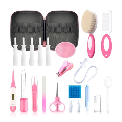 Image of Baby Healthcare and Grooming Kit, 23 in 1 Portable Baby Essentials Kit with Gas Relief Hair Brush Comb Nasal Aspirator for Newborn Boys Girls (Pink)