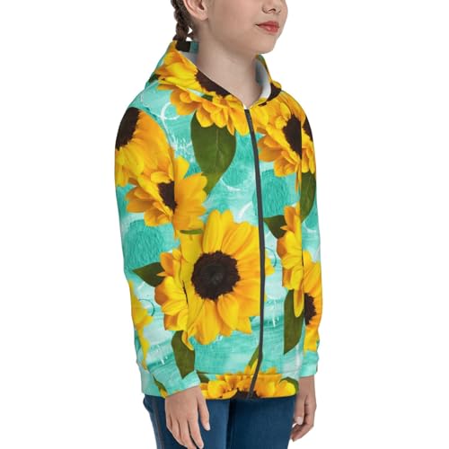 Yellow Sunflowers With Green Leaves Kids Pullover Hoodies Boys Zip Up Sweatshirts Girls Athletic Clothes with Pocket4