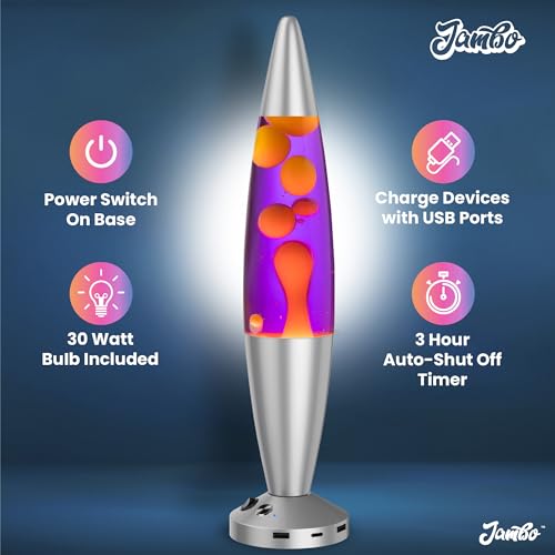 Image of JAMBO Upgraded Motion Lamp - 16 inch Purple Liquid, Yellow Wax - USB Ports, Timer - Night Light for Adults, Teens, Kids - Bedroom, Living Room, Office Decor Lamp