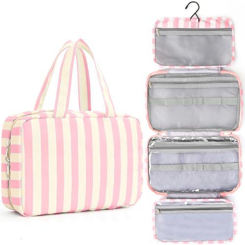 Toiletry Bag for Women Travel Water-resistant Cosmetic Bag Fashion Stripes Makeup Bag with Hanging Hook Preppy for Store Toiletries Cosmetic Accessories Large Capacity Pink