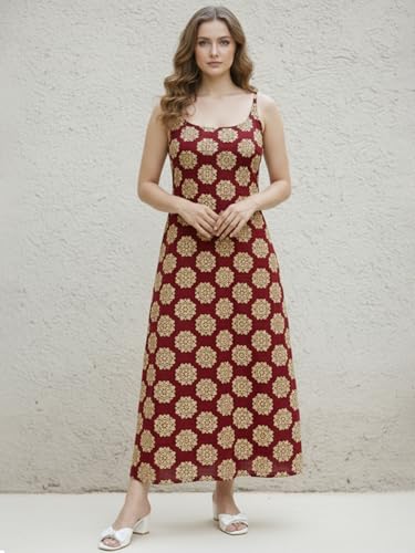 Image of Aahwan White Printed Round Neck Sleeveless Backless Long Indo Western Fusion Dress for Women's & Girl's