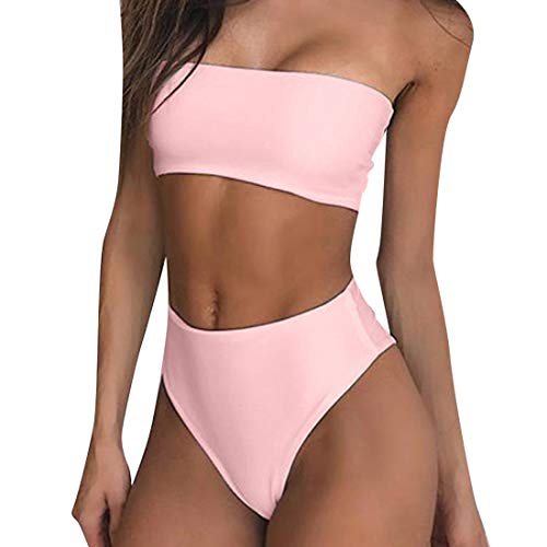 RUUHEE Women Bandeau High Waisted Two Piece Swimsuits Bikini Set High Cut (M(US Size 6-8),Pink-3)