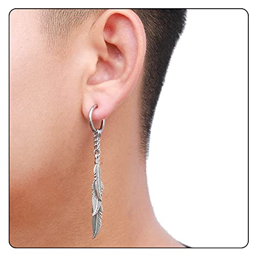 Fusamk Punk Rock Stainless Steel Feather Drop Dangle Earrings Huggie Hinged Hoop Earrings,2Pcs #TOP5