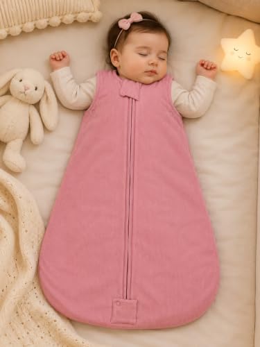 Image of TuddyBuddy Baby Cotton Wearable Quilted Sleeping Bag Blanket 1.5 Tog with 1 Way Zipper Closure | Ideal for Babies & Kids Hypoallergenic Fabrics | (Pin Striped Fabric - Dark Pink, 6-12 Months)