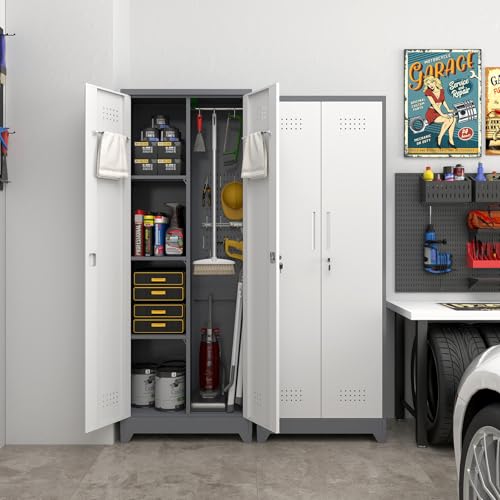 Image of Broom Storage Cabinet, Metal Utility Storage Cabinet with Hanging Rail, 65 inch Tall Cleaning Tool Organizer with Shelves and Doors, Cleaning Storage for Home, Garage, Office, Balcony