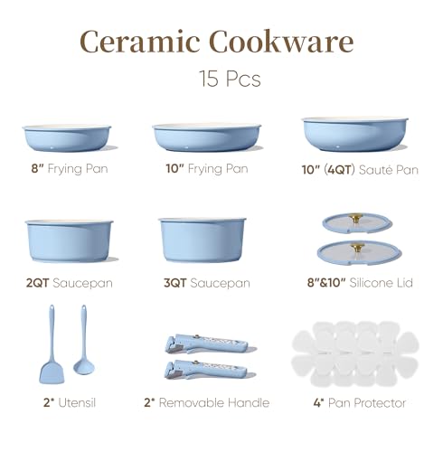 Image of CAROTE 15Pcs Ceramic Cookware Set, Pots and Pans Set Non Stick, Kitchen Cooking Set with Detachable Handle, Non Toxic Induction Cookware, Dishwasher /Oven Safe