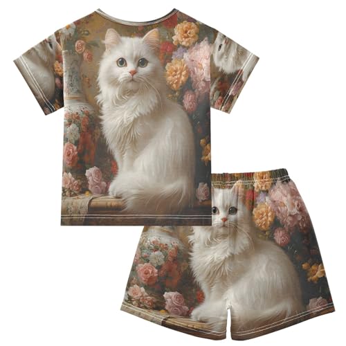 ALAZA White Cat Kitten Flower Pajamas Set Short Sleeve Cotton Sleepwear Summer Pjs 2 Piece 5-14Y2