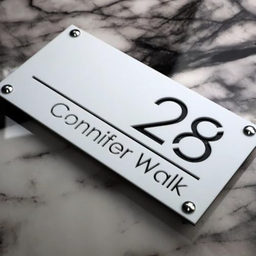 Acrylic Laser Cut Customized Sign Outdoor House Numbers Plate,Personalized Modern House Number Sign,Acrylic Home Address Plate (White (Black Text))