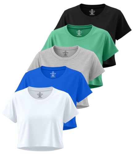 Image of Real Essentials 5 Pack: Women's Dry Fit Crop Top - Short Sleeve Crew Neck Stretch Athletic Tee (Available in Plus Size)