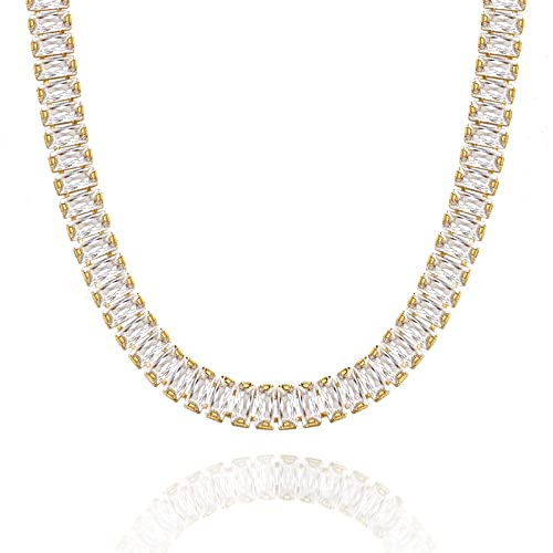 KissYan Diamond Tennis Necklace for Women, 14K/White Gold Plated Cubic Zirconia Baguette Tennis Chain Chunky Paperclip Link Cuban Choker Necklace Dainty Jewelry Gifts