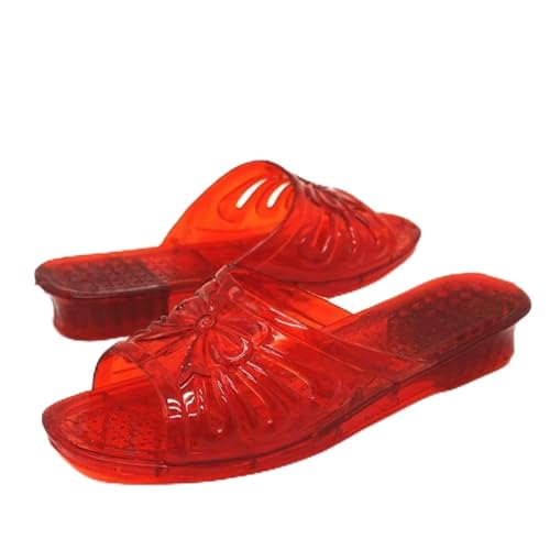 Bathroom Shoes Women's Non-Slip Shower Shoes Retro Transparent Plastic Slippers Home Soft Bottom Sandal Slippers Fashion Outdoor Slippers Shower Slipper(Red,35)