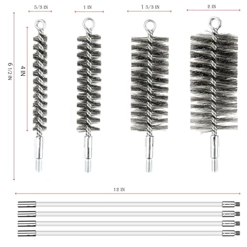 Image of 50 Inch Pipe Cleaning Brush Set with Stainless Steel Bristles | Wire Brush With 4 Flexible Rods, Stainless Steel Pipe Brush 4pcs For Auto Parts, Bottles, Tubes. (3 /5, 1, 1 3 /5, 2 Inch )