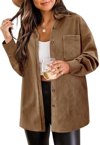 Magritta Casual Long Sleeve Shirts for Women Plus Size Comfort Corduroy Button Down Collared Pockets Roll Up Solid Color Shacket Jacket Blouse Brown 3X-Large