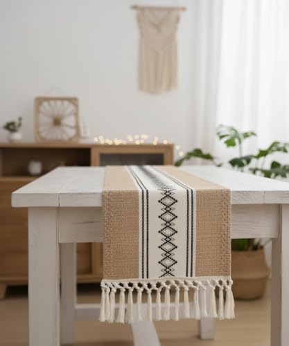 BOSALONI HOME - Camino de mesa largo rectangular jacquard con flecos, elegante centro de mesa decorativo para mesa de comedor, cocina y salón - Etnico Chic 180 x 30 cm