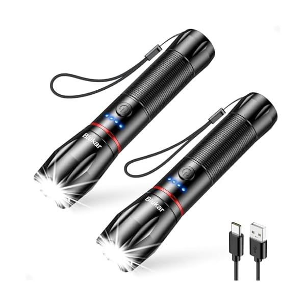 Blukar LED Taschenlampe Aufladbar, Extrem Helle Zoombares Taschenlampen mit 5 Lichtmodi und Langer Betriebsdauer, IPX6 Wasserdichte Handlampe für Camping, Wandern, Angeln, Notfäll [2 Stück]-Schwarz