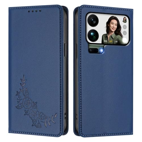 Étui Xiaomi Redmi Note 14 Pro 4G bleu foncé avec motif fleurs latérales et fermeture magnétique