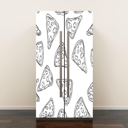 Self Adhesive Vinyl Refrigerator Wrap Set Seamless Pizza Pattern Drawn Pizza Doodle Pizza Door Mural Removable Fridge Sticker Peel and Stick Decal Rustic Kitchen Decor