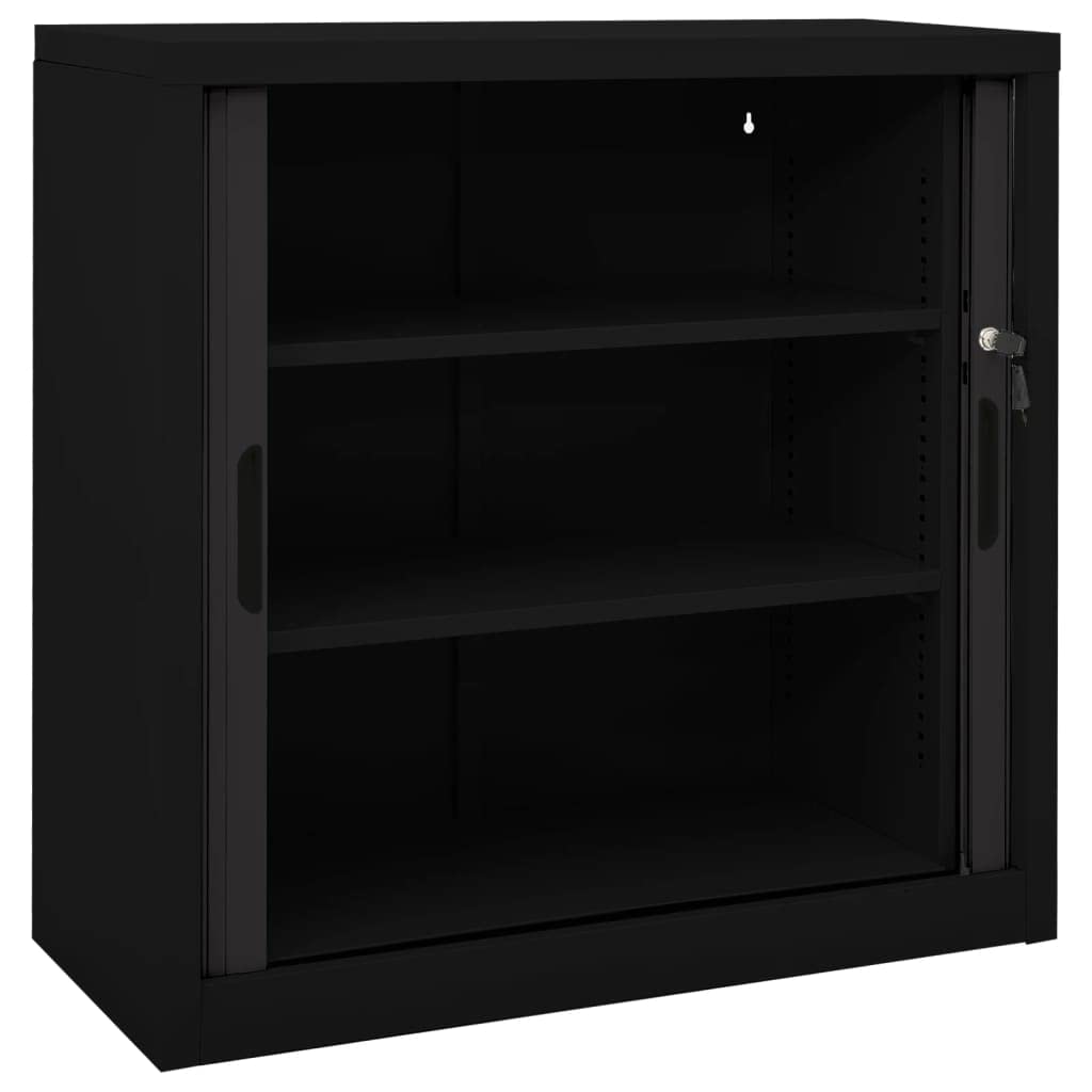 Armadio con ante scorrevoli in acciaio, 90 x 40 x 90 cm, con serratura, con 2 ripiani regolabili, robusto armadio in acciaio come armadietto per ufficio e archivio, nero
