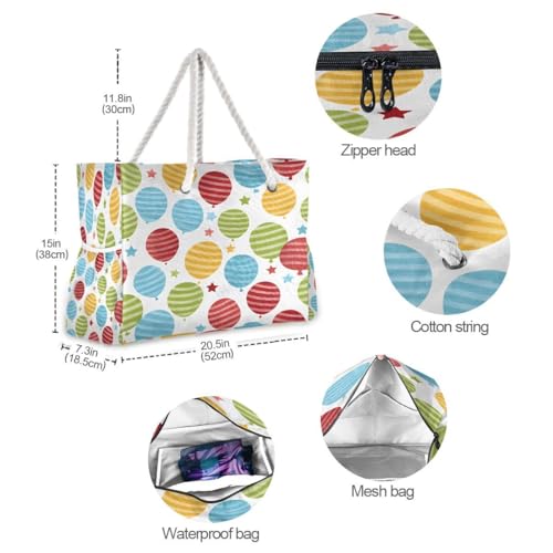 Large Beach Bags Totes Canvas Tote Shoulder Bag Striped Balloons Water Resistant Bags for Gym Travel Daily4