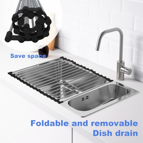 Foldable Stainless Steel Roll-Up Dish Drying Rack with Anti-Slip Silicone for Over Sink & Kitchen Counter, 16 Tube (Black 43x35cm) - Image 2
