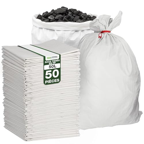 ToolSpace Sac à Gravats PP Tissé, 65×105 cm en Polypropylène 50x Sac Chantier pour Gravier Sable Feuilles Déchets de Construction Jardin - Réutilisable -...