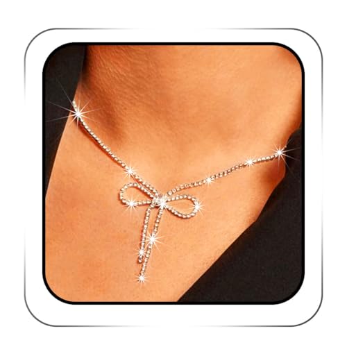 ACEDRE Rhinestone Bow Pendant Necklace Jewelry Silver Crystal Bowknot Choker Necklace Chain Dainty Tennis for Women