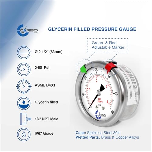 Image of 60 PSI Liquid Filled Pressure Gauge with NIST Traceable Certificate, Calibrated in USA Lab, 2.5 inch Dial, 1 /4 NPT Back Mount, ASME Grade A, 304 SS Case, Brass Wetted Parts, PSI /Bar