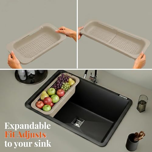 Image of Lorazzo Kitchen Sink Basket - Over The Sink Expandable Colander for Vegetable & Fruit Washing | Drain Basket & Sink Strainer | Adjustable Kitchen Sink Accessories | 1-Year Warranty (Beige)