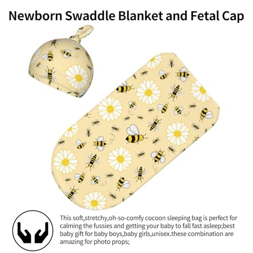 Image of Lcokin Cute Bee Baby Stuff Swaddle Blanket with Beanie Hat for Boys and Girls, Newborn Receiving Blanket Shower Gift