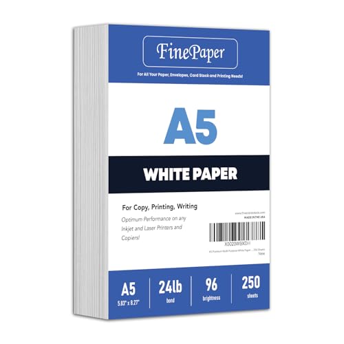 A5 Premium Multi Purpose White Paper - 24 lb (90 GSM) | For Copy, Printing, Writing | 5.83' x 8.27' inches (148 x 210 mm - Half of A4) | Full ream of 250 Sheets