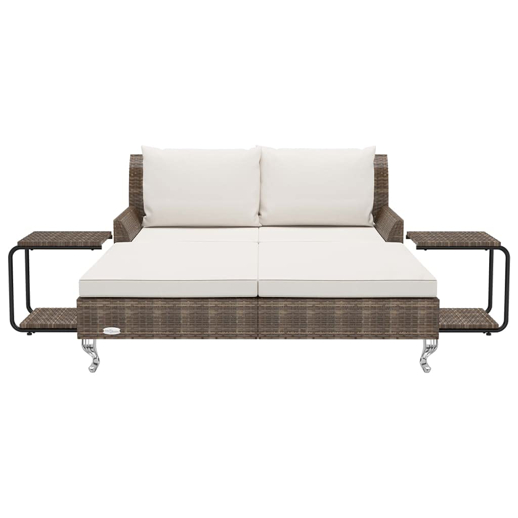 Tumbona para 2 personas de polirratán marrón con cojines, 200 x 132 cm, cama de jardín con mesas auxiliares, cama de exterior para terraza, piscina y balcón, isla de relax para tomar el sol y