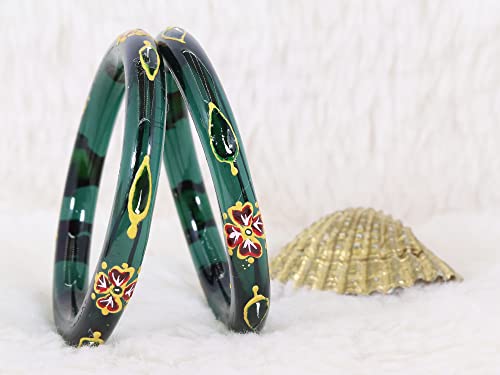Image of NMII Traditional Glass With Diamond Cutting Pattern Glossy Finished Stylish Kada Set For Women And Girls | Crystal Glass Kada Bangles Set For Wedding, Festive