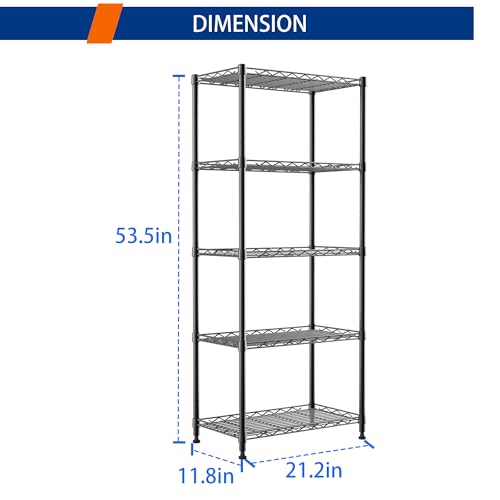 Image of REGILLER 5-Wire Shelving Metal Storage Rack Adjustable Shelves,Standing Storage Shelf Units for Laundry Bathroom Kitchen Pantry Closet(Black,11.8 inch D x 21.2 inch W x 53.5 inch H)