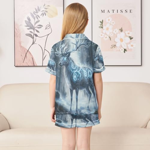 ALAZA White Deer Tree Leaf Satin Pajamas Set Short Sleeve Button Down Sleepwear Summer Pjs 2 Piece4
