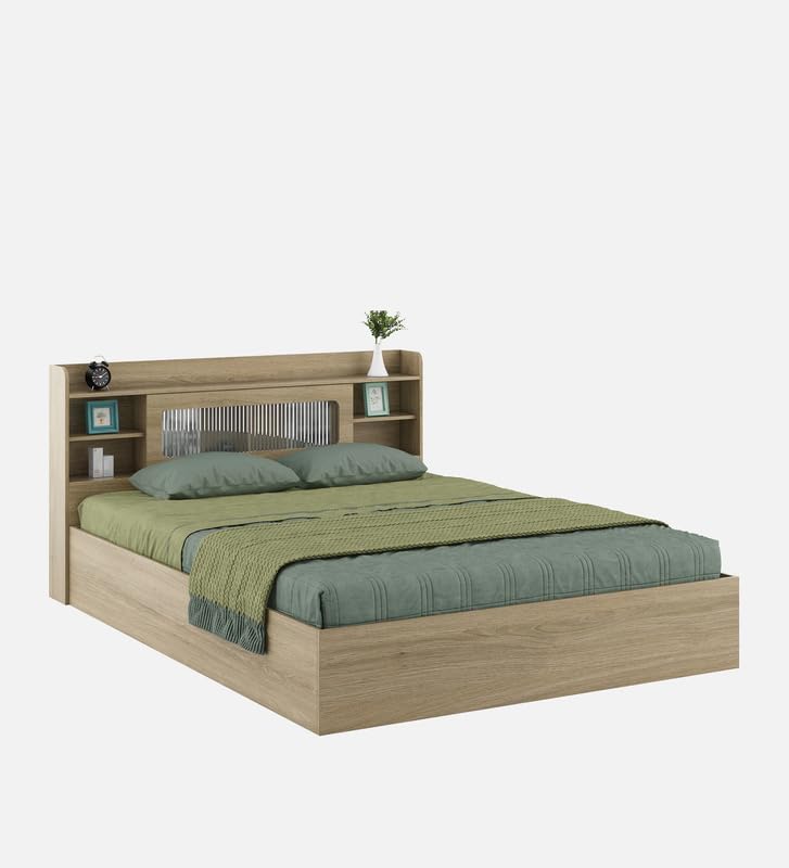 Image of Mintwud Pepperfry Engineered Wood Cavour King Size Bed with Box Storage and Open Shelves | Wooden Double Bed Cot Palang Furniture for Living Room Bedroom Home and Hotels (Santana Oak Finish)