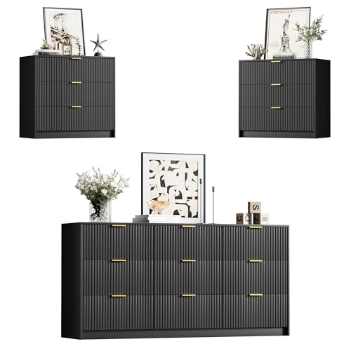 Image of Furniway 3 Piece Bedroom Set, 9 Drawer Dresser and Nightstand Set of 2 with Gold Handles, Modern Wood Chest of Drawers Storage Cabinet for Bedroom, Black