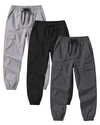 BINPAW 3 Pack Boys Cargo Jogger Pants Youth Lightweight Quick Dry Outdoor Hiking Athletic Trousers 5-16Y