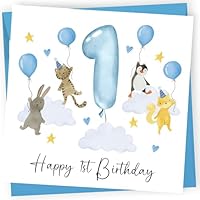 Printperfect - 1st Birthday Cards For Boys - Happy First Birthday For Him Card - Blue Animals & Balloon Design - Son Grandson Nephew Godson - Greetings Card For 1 Year Old