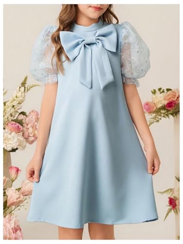 Girl's Cute Bow Dress Crew Neck Puff Sleeve Birthday Party Tunic Dresses3