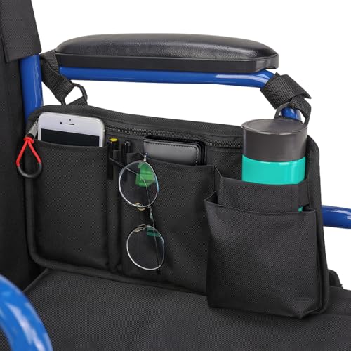 JOYTUTUS Walker Side Bag, Wheelchair Armrest Storage Pouch with Cup Holder, Wheelchair Accessories for Seniors, Walker Bag Cup Holder for Walker, Rollator, Electric Scooter or Wheelchair Black - image 1