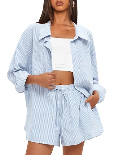 Darong Women's Summer 2 Piece Outfit Sets Long Sleeve Button Down Shirts Matching Short Sets Beach Vacation Lounge Set2